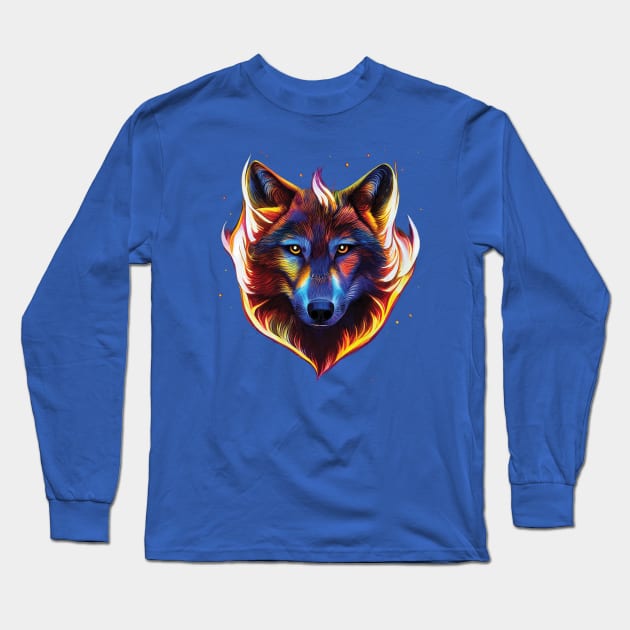 Flaming wolf pattern. Bold Striking Image on a black or blue background Long Sleeve T-Shirt by Geminiartstudio